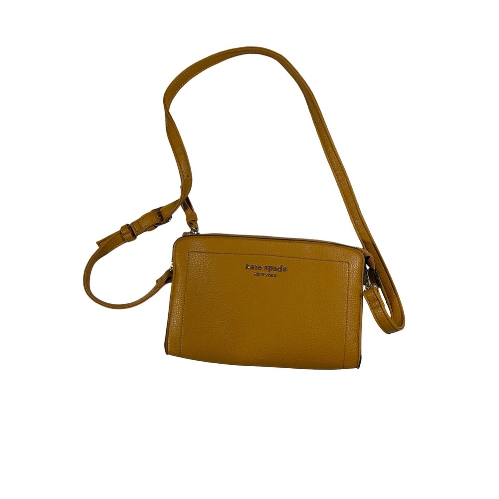 Kate Spade New York Pebbled Leather Crossbody Bag Yellow Tan Gold Logo